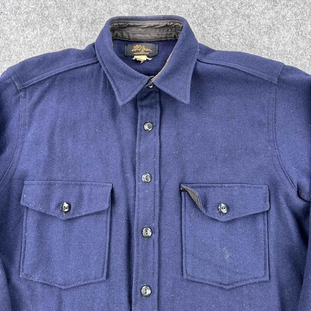 Vintage LL Bean Shirt Mens 50 Blue Wool Heavy Workwear Button Front Long Sleeve - Picture 2 of 12